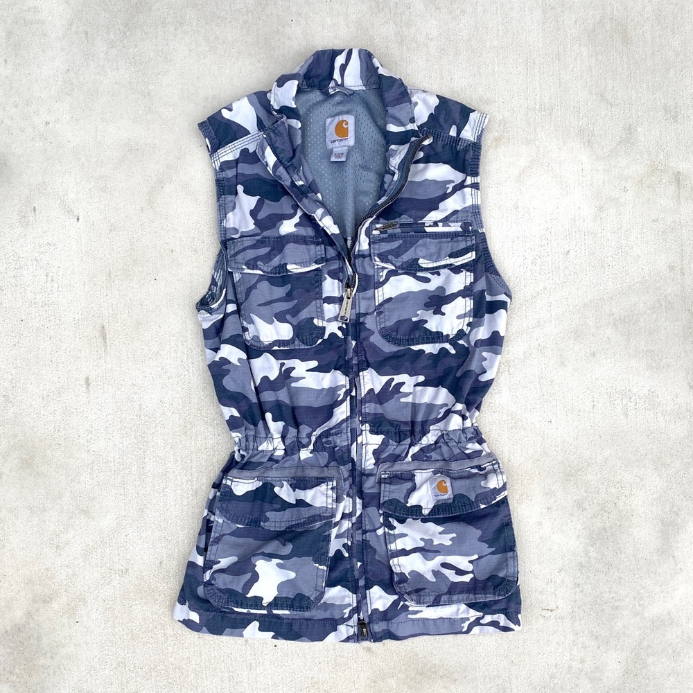Women’s size small Carhartt utility zip up vest blue camo camouflage